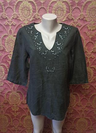 Коричнева блуза з льону з вишивкою та аплікацією з паєток street one