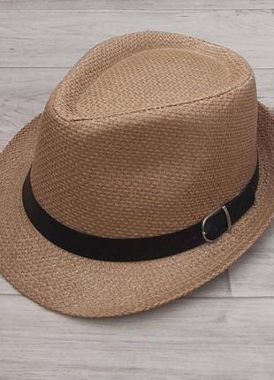 Літній солом'яний капелюх трилбі темний  беж з ремінцем 56-58р (856)1 фото