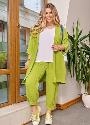 Костюм тройка брючный летний большого размера батал футболка белая брюки штаны кардиган рубашка оранжевый черный коричневый синий салатовый малиновый