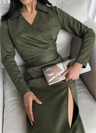 Платье длинное замшевое цвета хаки украинский бренд1 фото