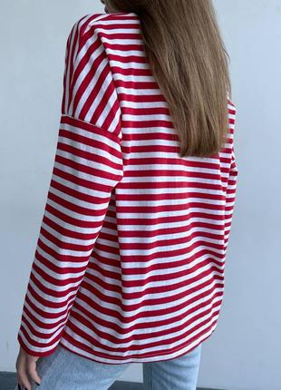 Тельник / футболка женская оверсайз с длинным рукавом в красную полоску7 фото