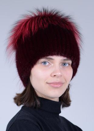 Вязаная женская норковая зимняя шапка с бубоном