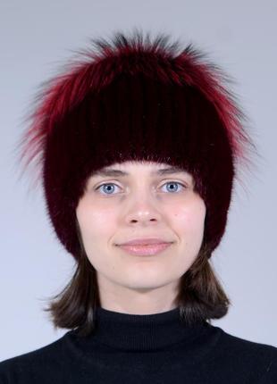 Вязаная женская норковая зимняя шапка с бубоном2 фото