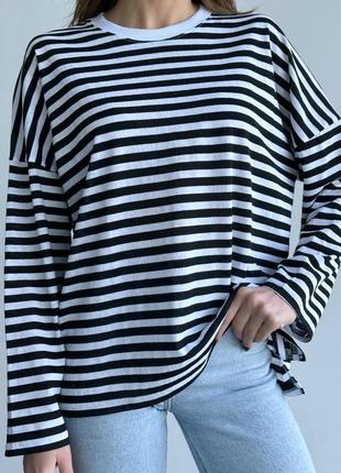 Тельник / футболка женская оверсайз с длинным рукавом в черную полоску2 фото
