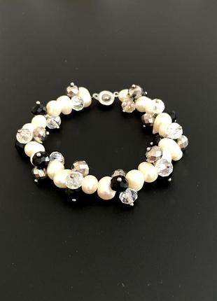 Браслет натуральный жемчуг, чешское стекло, клеймо