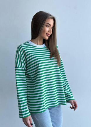 Тельник / футболка женская оверсайз с длинным рукавом в зеленую полоску