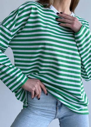 Тельник / футболка женская оверсайз с длинным рукавом в зеленую полоску5 фото