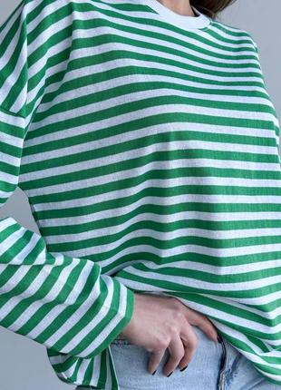 Тельник / футболка женская оверсайз с длинным рукавом в зеленую полоску6 фото