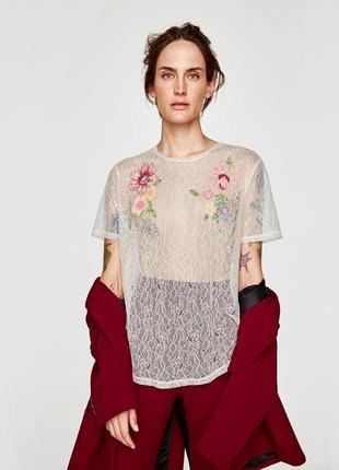 Zara блуза кружевна з вишивкою4 фото