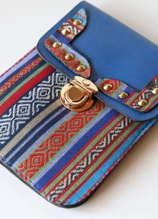 Красива маленька жіноча сумочка сумка крос-боді з орнаментом в етно стилі синя2 фото