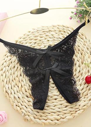 Женские трусики с доступом и бантиками черные, размер универсальный, резинка до 84см