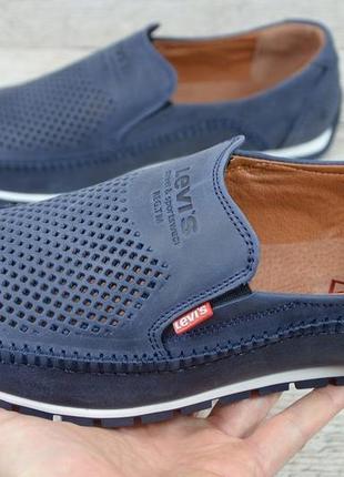 Шкіряні чоловічі мокасини levis , колір синій, літні туфлі