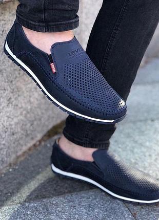 Шкіряні чоловічі мокасини levis , колір синій, літні туфлі