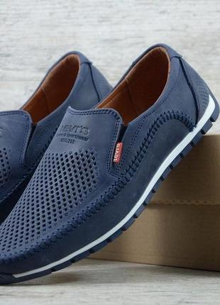 Шкіряні чоловічі мокасини levis , колір синій, літні туфлі
