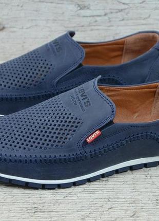 Шкіряні чоловічі мокасини levis , колір синій, літні туфлі