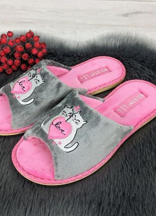 Тапочки женские белста серые с розовой стелькой велюровые открытый носок 29076 фото