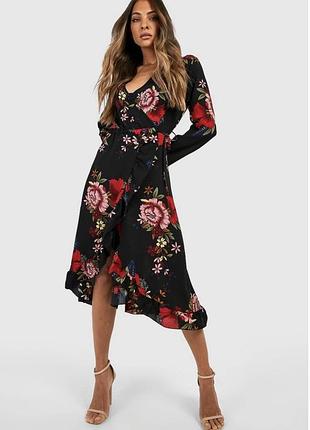 Плаття міді на запах в квітковий принт boohoo s