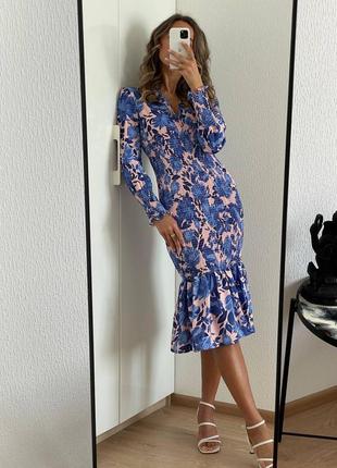 Сукня міді квітковий принт синя бежева