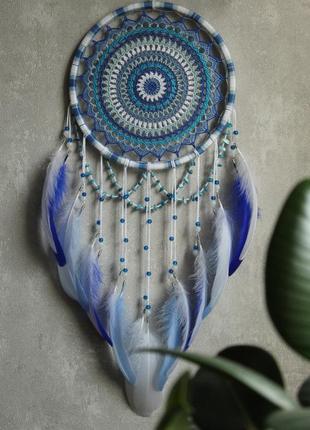 Эко-ловец снов ручной работы "ассоль" с перьями и бисерными нитями. диаметр 23 см6 фото