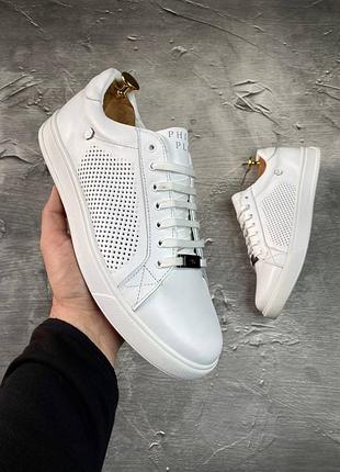 Стильні чоловічі кеди філіп плей philipp plein шкіряні білі перфорація шкіра демі,демісезонні осінні,весняні,літні (на осінь,весна,літо 2023-2024)
