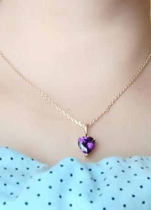 Колье "фиолетовое сияние сердце аметист" в оправе из ювелирного сплава - солидный подарок девушке1 фото