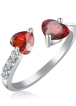 Каблучка "два серця назустріч рубіни біле золото та циркони" розмір регулюється - солідний подарунок дівчині