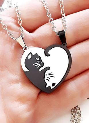 Парні кулони "котики love сердечко" чиста медична сталь на ланцюжках оригінальний подарунок хлопцю дівчині9 фото