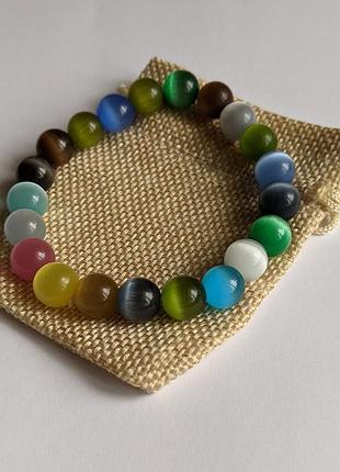 Браслет із натурального каменю різнокольорове котяче око. розмір сфер 10 мм., довжина обхвату 18 см