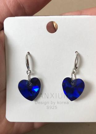 Серьги "синие сердечки серебро" медицинский сплав и цирконы - стильный подарок девушке в подарочной упаковке1 фото