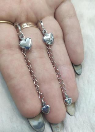 Серьги подвески сердечки на длинных цепочках ювелирная бижутерия серебро 925 - оригинальный подарок девушке3 фото