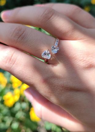 Стильное регулируемое кольцо "два алмазных сердца навстречу" ювелирный сплав медзолото - подарок девушке6 фото