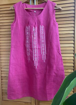 Новое женское льняное платье сарафан розового цвета