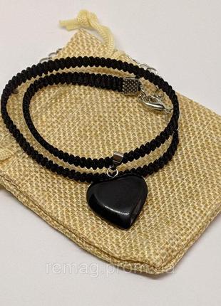 Натуральний камінь чорний агат кулон у формі сердечка на шнурочку - оригінальний подарунок дівчині8 фото