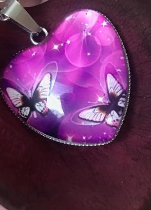 Кольє "рожеві метелики в моєму серці" кулон на ланцюжку під срібло - оригінальний подарунок дівчині4 фото