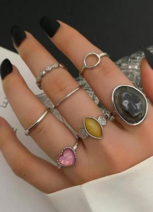 Набор колец 7 штук стильные модные трендовые колечки кольца с большим камнем винтажние кольца в стиле бохо панк рок хип хоп гот кольцо с камнем