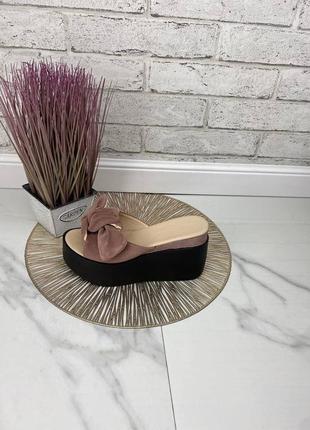 36-41 рр натуральная замша шлепки с бантом на танкетке