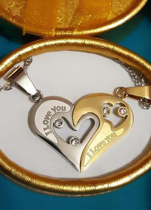 Парные кулоны "одно сердце на двоих" сталь медзолото - оригинальный подарок парню девушке в стильной коробочке4 фото