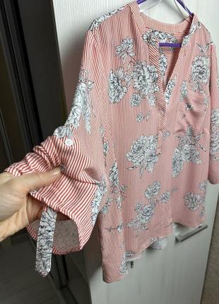 Блузка-рубашка с укороченным рукавом в полоску и цветочным принтом, натуральная ткань3 фото