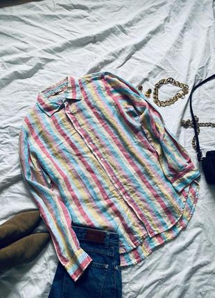 Стильна льняна сорочка в смужку оверсайз подовжена