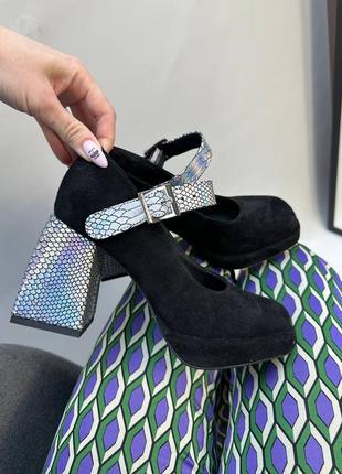 Эксклюзивные туфли мери с натуральной замши с акцентным каблуком и ремешком5 фото