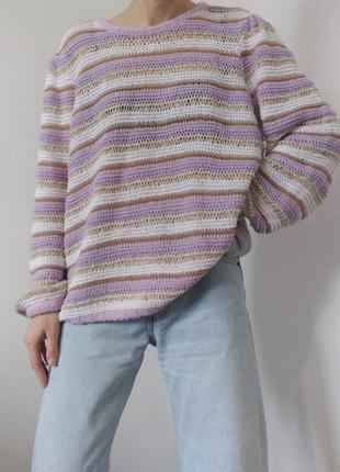 Хлопковый свитер в полоску кофта хлопок свитер лавандовый кофта с объемными рукавами джемпер пуловер реглан лонгслив кофта коттон свитер шерсть5 фото