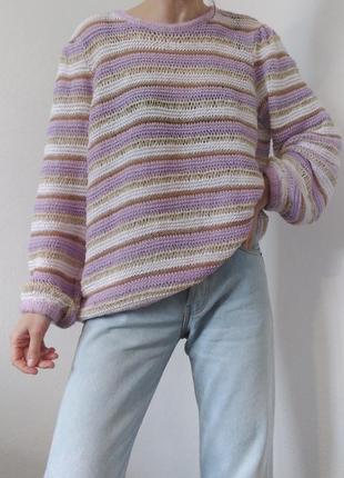 Бавовняний светр в полоску кофта бавовна светр лавандовий кофта з об'ємними рукавами джемпер пуловер реглан лонгслів кофта коттон светр шерсть