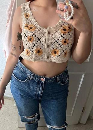 Топ топик кофта кофточка вязаная вязаный кроп короткий короткая укороченый укороченая принт подсолнухи