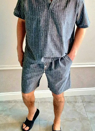 Костюм 2-ка мужской (шорты + футболка) лен 2 цвета  s-m, l-xl  av4657-ат41738iве