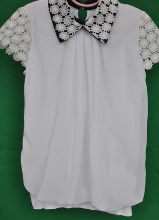 Блузка шкільна з коротким рукавом синій комір, р. 152 туреччина