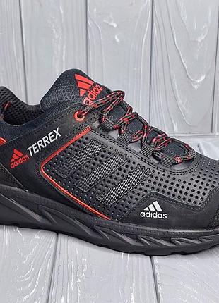 Натуральная кожа!!! мужские летние черные кроссовки в стиле adidas terrex!!!