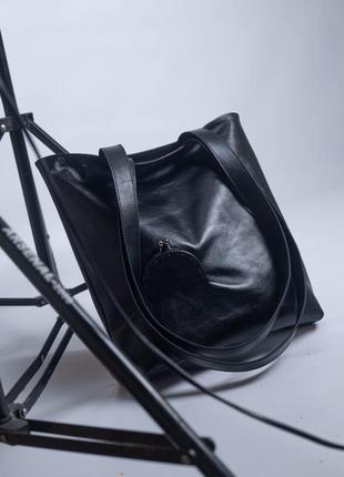 Шкіряна сумка шопер\ чорний шопер унісекс\ місткий класичний шопер ліра1 фото