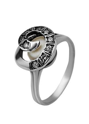 Кольцо серебряное с жемчугом пружинка 1574, 17.5 размер
