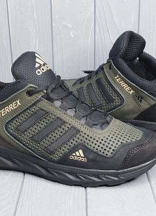 Натуральная кожа!!! мужские летние кроссовки хаки в стиле adidas terrex!!!