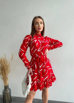 Платье мини с принтом s-m l-xl 2xl-3xl (42-44 46-48 50-52) нарядное красное с поясом